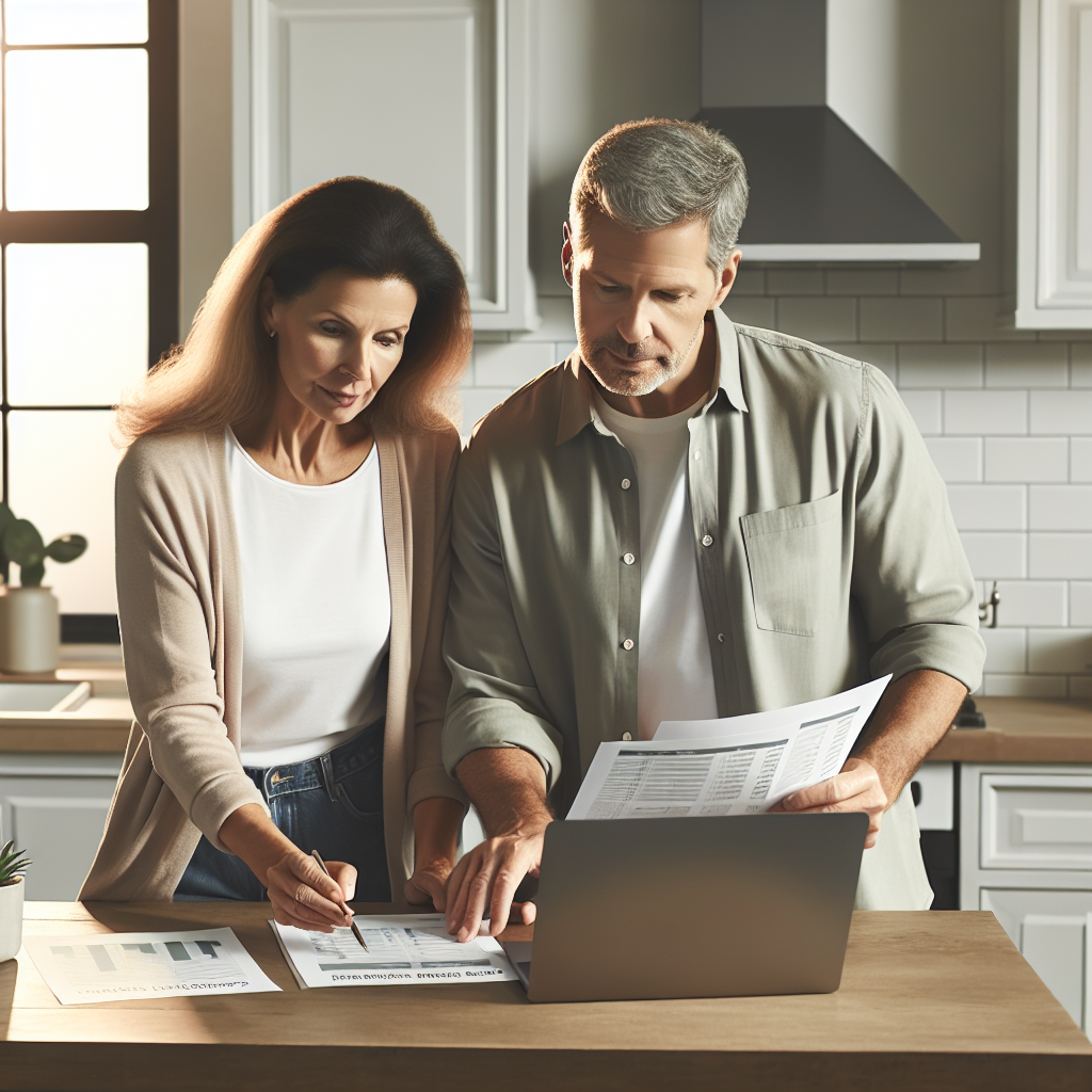 A modern European couple reviewing retirement plans with a laptop and printed charts at a cozy kitchen table, soft natural light, clean minimalist style