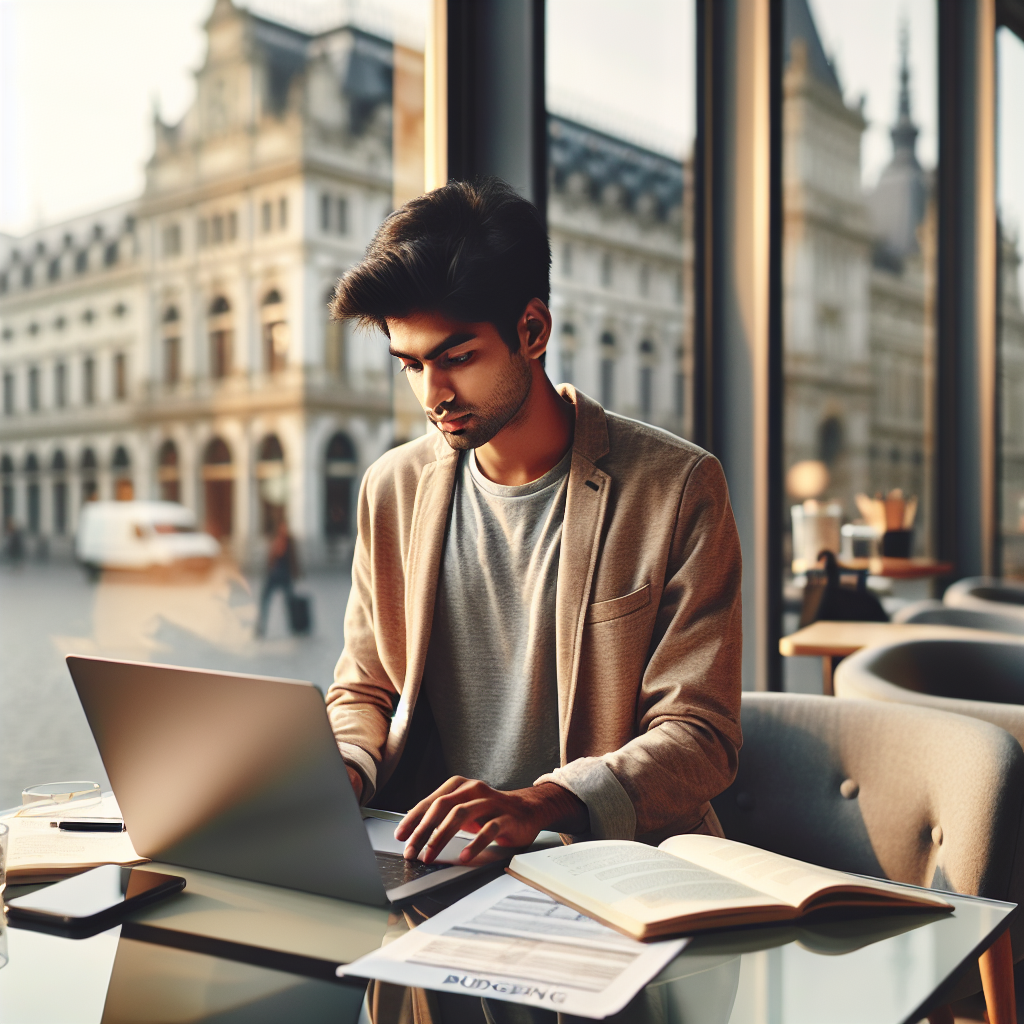 A modern European student studying at a café with a laptop, loan paperwork, and a budgeting notebook visible; soft daylight, city skyline in background, calm professional style