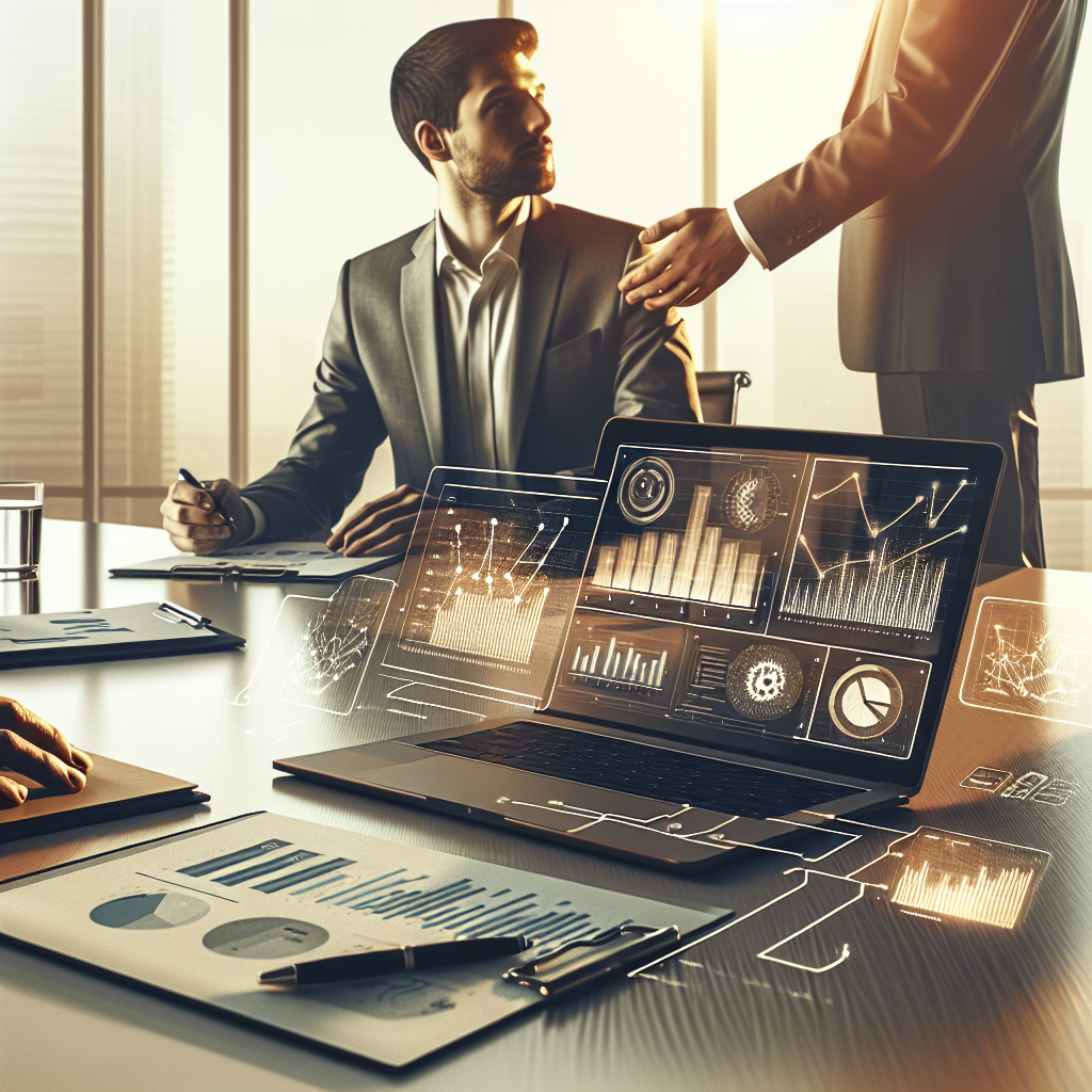 A modern European startup founder meeting with a lender, laptop and financial charts on table, neutral office, warm natural light, professional, infographic overlay