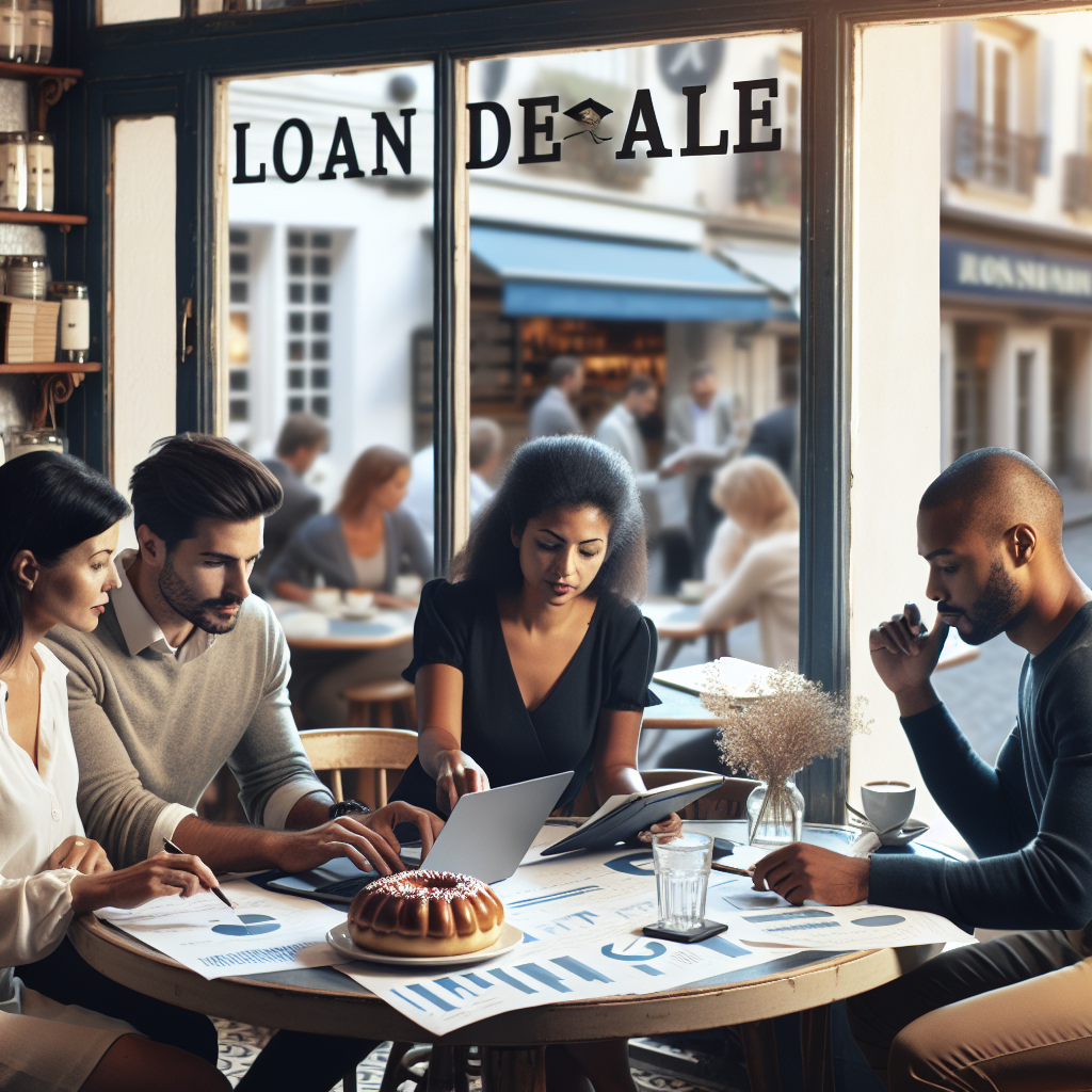 Diverse people at a café in a European city, reviewing loan documents and a laptop with charts, clean modern financial aesthetic, warm natural light