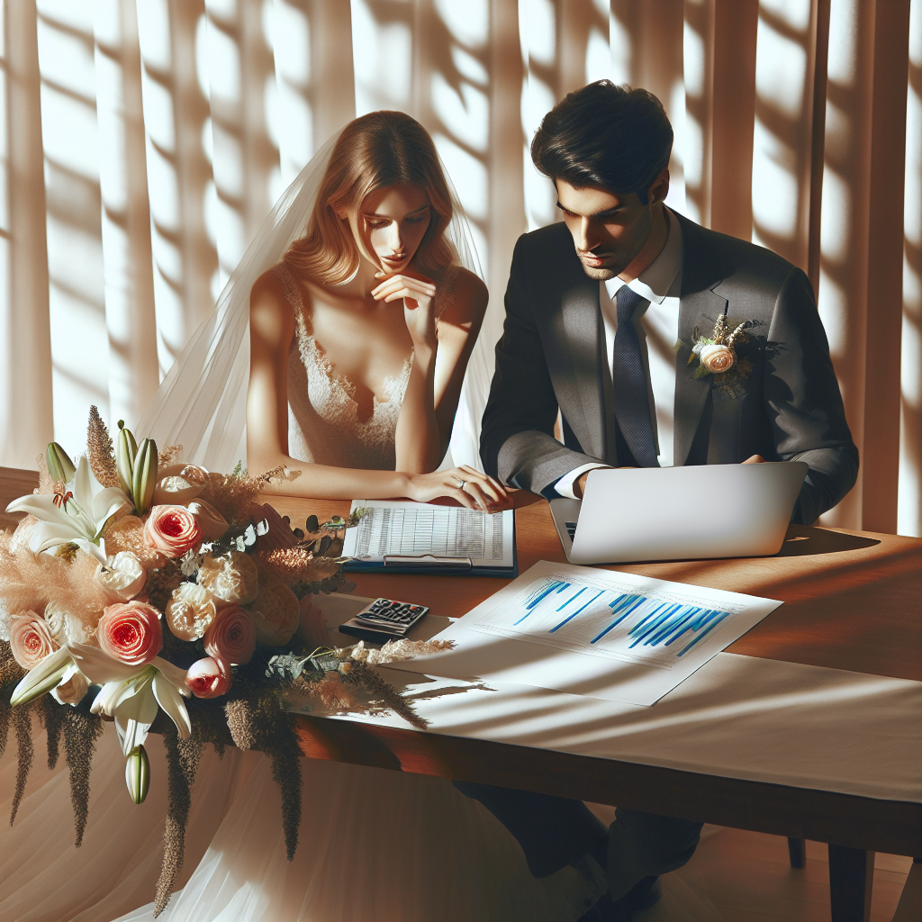 A modern European wedding planning scene: couple at a table with laptop, budget spreadsheet, wedding bouquet, and soft natural light in pastel tones
