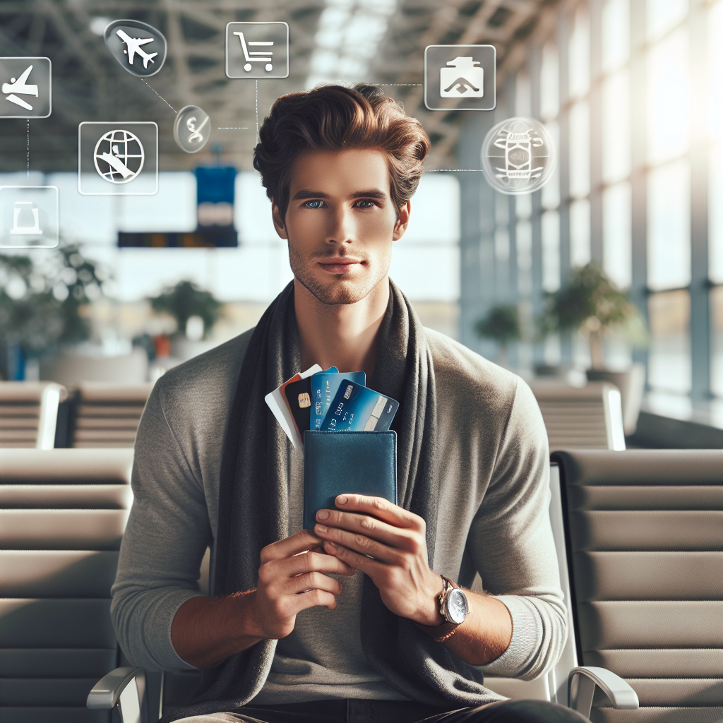 A modern European traveler holding multiple credit cards and a passport at an airport lounge, with subtle icons for points, flights, and hotels, soft natural lighting