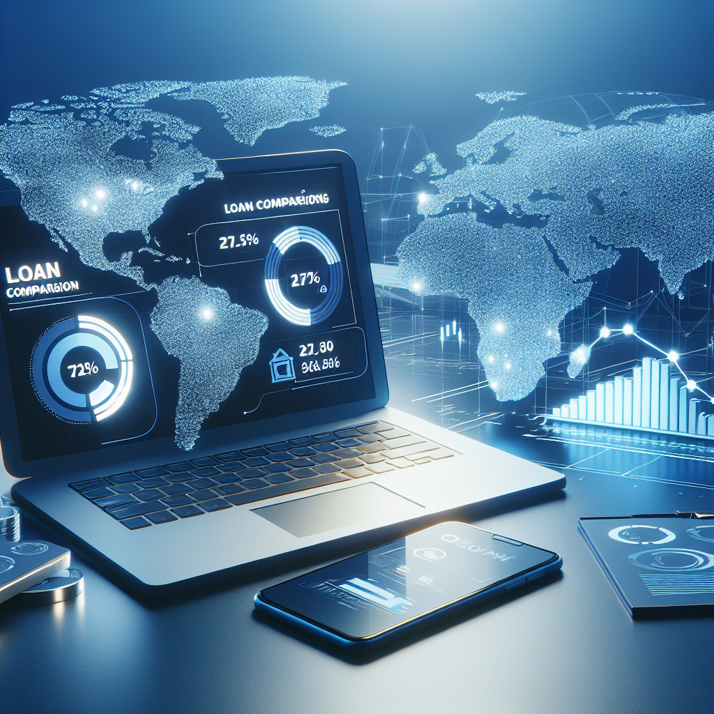 A modern European digital finance scene: laptop and smartphone showing loan comparison charts, EU map silhouette in background, clean fintech aesthetic, blue and white tones
