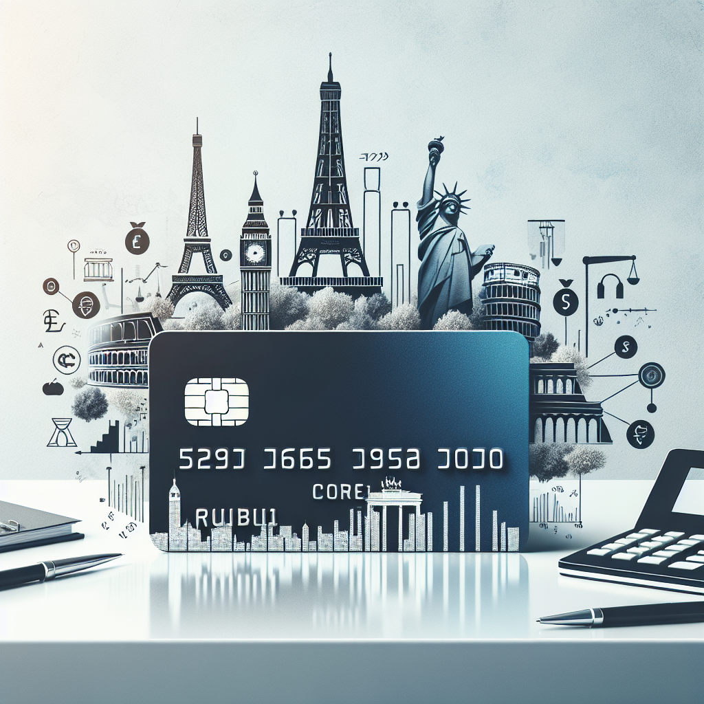 Clean modern composition of a low-interest credit card on a desk with subtle European landmark silhouettes and financial icons, bright professional look