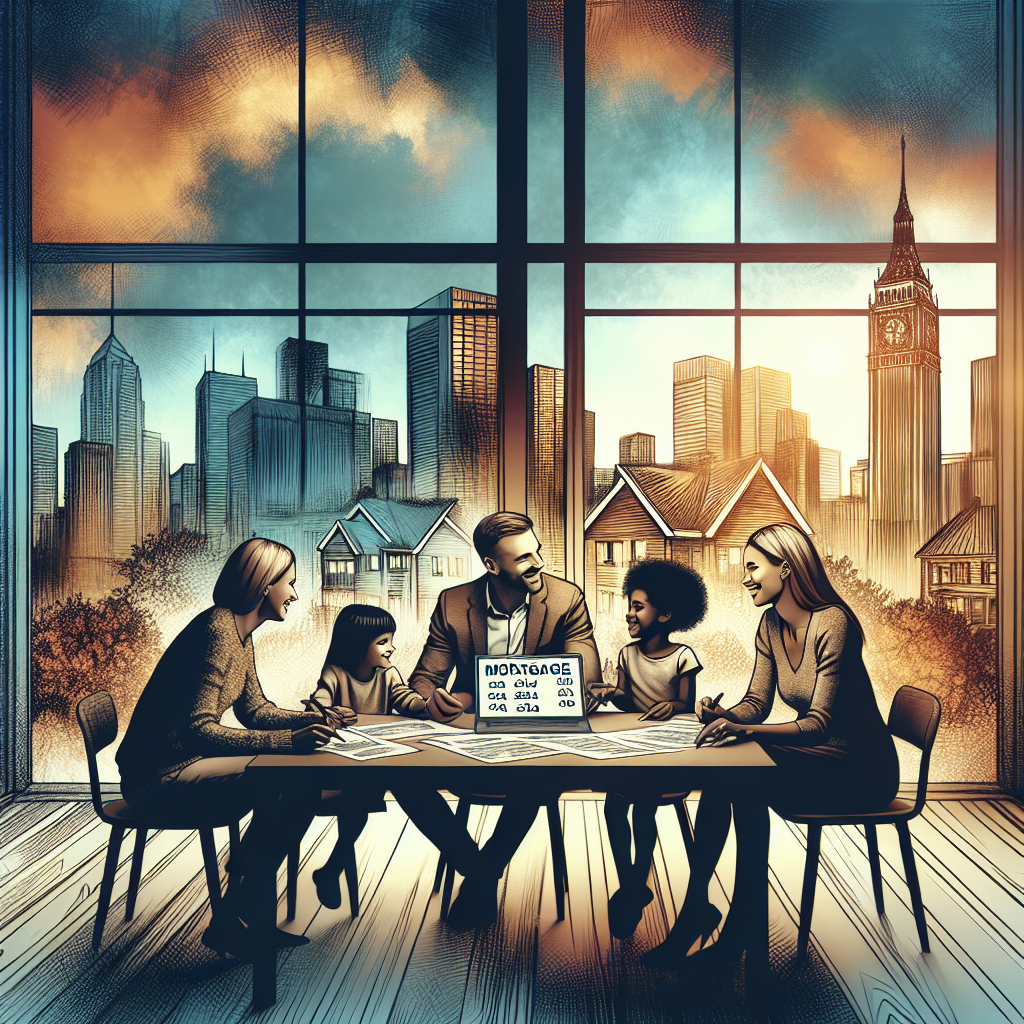 Modern European city skyline with a family reviewing mortgage papers and a laptop displaying loan rates, warm natural light, professional composition